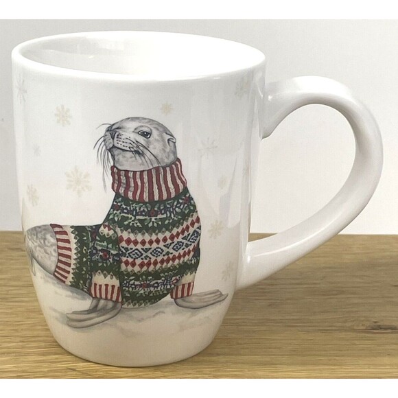 Williams Sonoma Arctic Seal Fair Isle Nordic Sweater Christmas Snow Holiday Mug - Picture 1 of 9